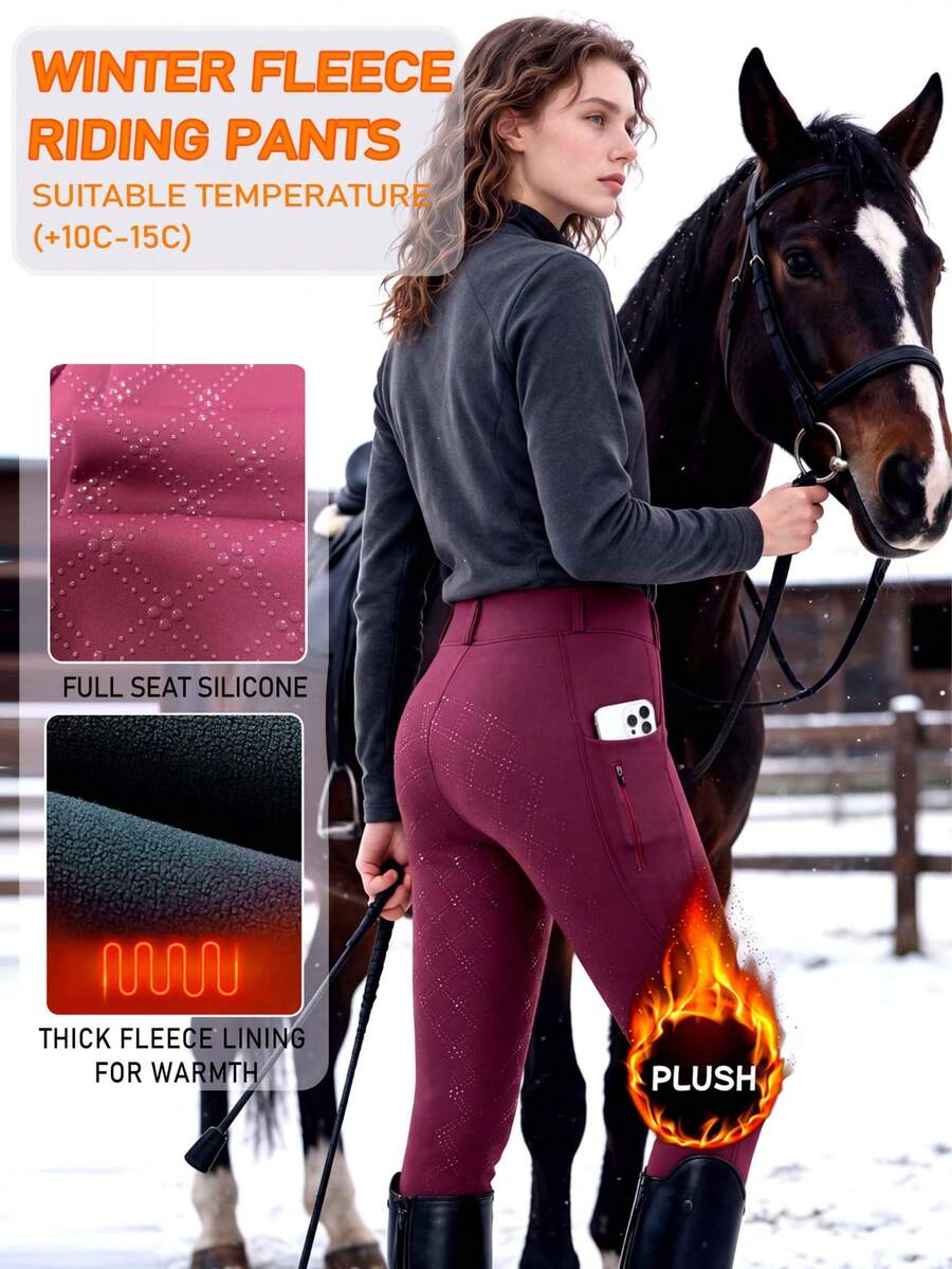 1 buah Celana Berkuda Wanita Pinggang Tinggi Elastis Tebal Berlapis Termal Warna Burgundy - Bagian Belakang Penuh dengan Pegangan Silikon, Kantong Samping untuk Penyimpanan Praktis, Celana Berkuda Musim Dingin Tebal dan Hangat, Cocok untuk Berkuda di Musim Dingin - Burgundy - View 1