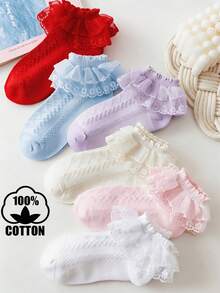 6 Pairs Girls Lace Trim Cotton Dance Socks, Suitable For Party, School, Big Kids Size - Multicolor - View 8
