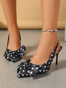 1 Pair Women's French Romantic Polka Dot Bow Pointed Toe Stiletto Slingback High Heel Pumps, Suitable For Ball, Date, Party, Daily Commute, Atmospheric Outfit - Black - View 3