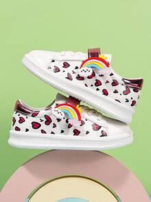 1 Pair Girls' Spring/Autumn White Sneakers With Cartoon Rainbow Decor, Hook And Loop Closure, Soft Sole, Anti-Slip, Casual Versatile Sports Shoes For Outdoor - Beige - View 3