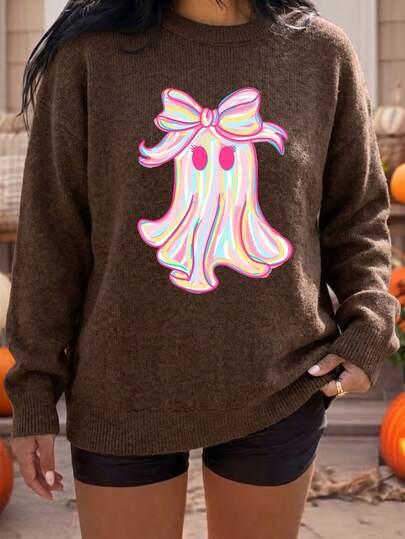 Plus Size Women's Bowknot Rainbow Ghost Halloween Print Crew Neck Long Sleeve Faux Sweater, Casual Pullover Top, Autumn/Winter Women's Clothing, Suitable For Halloween Daily Party