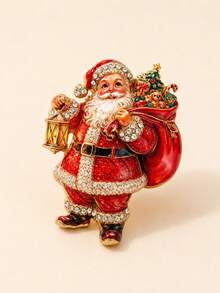 1pc Santa Claus Rhinestone Brooch, Vintage Red Lantern Gift Bag Christmas Tree Shaped Alloy Pin, Sparkling Rhinestone Holiday Clothing Accessory, Suitable For Coats, Suits, Sweaters, Scarves, Hats, Bags Decoration, Christmas Party, New Year Gathering, Winter Outfit And Holiday Gift - Multicolor - View 7