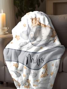 1pc Customized Name Baby Blanket, Personalized Infant Blanket, Cute Animal Pattern, Soft Flannel Throw, Nursery Decor, Baby Shower Gift - Multicolor - View 4