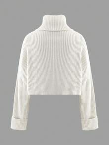Women's Autumn/Winter Solid Color Ribbed Minimalist Cropped Long Sleeve Loose Fashion Knit Pullover - White - View 11