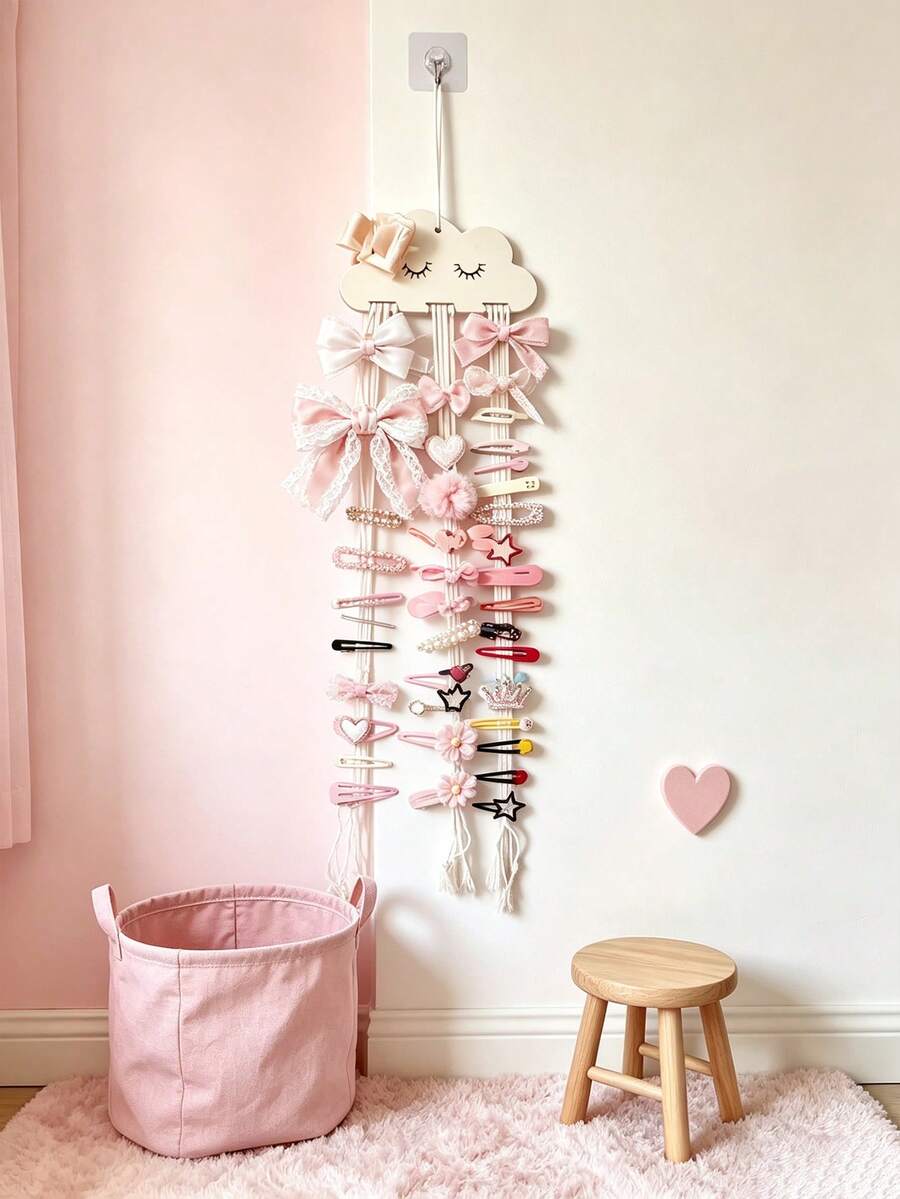 1pc Cute Cloud Woven Hair Clip Hook, Children's Hair Clip Storage Organizer, Bohemian Style Baby Room Wall Decor, Baby Room Hair Accessory Storage Rack - Multicolor - View 1