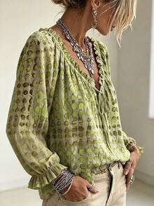 Women's Plus Size Green Bohemian Style Blouse, Front Tie Ruffle Decor, Long Raglan Sleeve, Fashionable Casual Top - Green - View 2