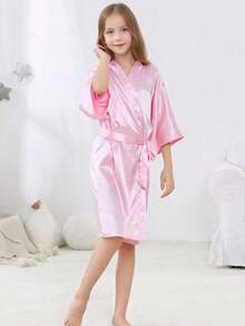 Girls' Comfortable Soft Japanese Style Small V-Neck 3/4 Sleeve Solid Color Belted Knee-Length Nightgown Loungewear Morning Robe - Pink - View 4