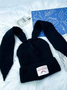 1pc Adult Fashion Personalized Knitted Hat New Women's Double Layer Thickened Cute Rabbit Ear Fabric Label Knitted Hat (Random Color Block) - Multicolor - View 3