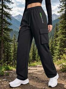Women's Spring/Autumn Solid Color Multi-Pocket Cargo Pants, Straight Leg Zipper Outdoor Sports Long Pants Black - Black - View 2