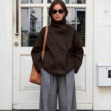Women's Solid Color Vintage Double-Breasted Funnel Collar Coat, Long Sleeve Regular Fit Jacket, Autumn/Winter Commuter Style - Brown - View 1