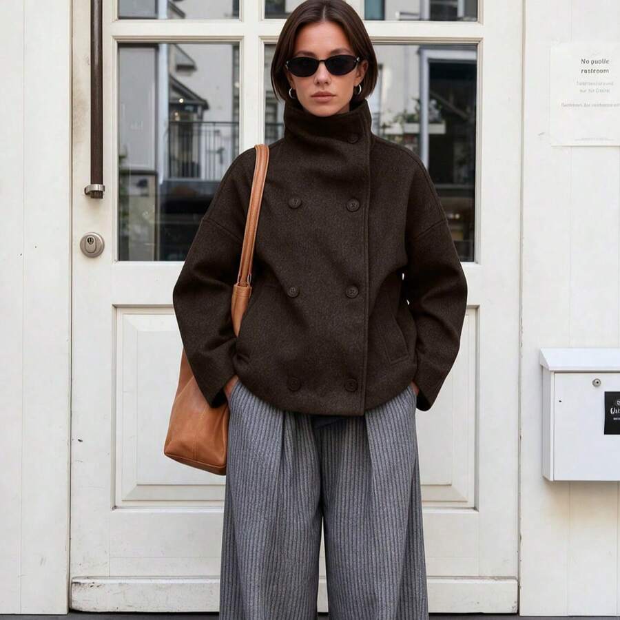 Women's Solid Color Vintage Double-Breasted Funnel Collar Coat, Long Sleeve Regular Fit Jacket, Autumn/Winter Commuter Style - Brown - View 1