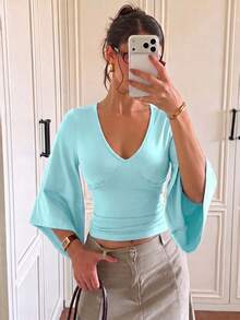 Blus Wanita Model V-Neck Lengan Lebar Pendek Pas Badan Berlipit Gaya Y2K Kasual Fashion - Mint Green - View 2