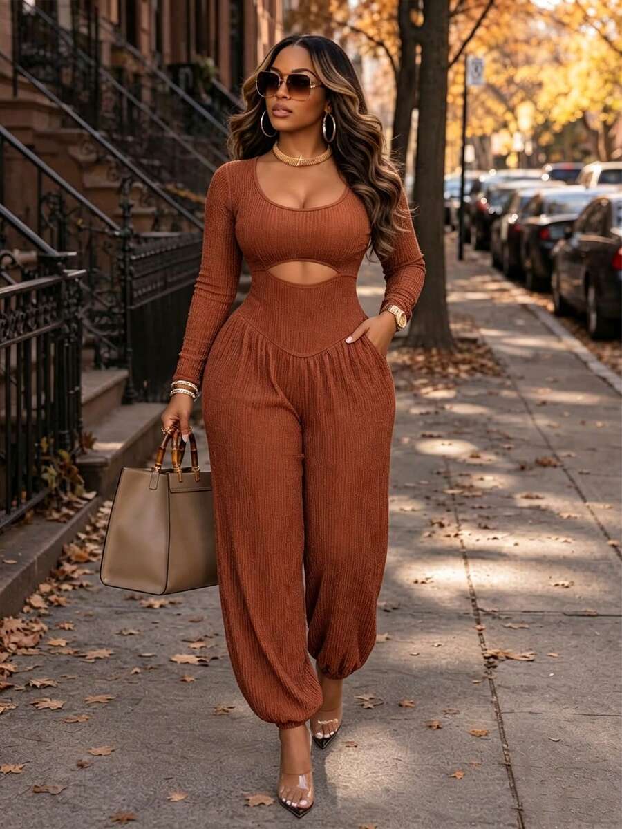 Aliling Women's Autumn Round Neck Long Sleeve Lantern Leg Jumpsuit, Hollow Waist Design, Knitted Texture Fabric, Suitable For Daily, Outing, Holiday Wear - Brown - View 1