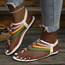 Sandal Datar Roman Tenun Bohemian Musim Panas Wanita dengan Hiasan Berlian Imitasi, Sepatu Serbaguna Gaya Liburan Kasual - Putih - View 3