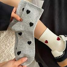5 Pairs/1 Pair Random Assortment, 5 Colors Heart Pattern Mid-Calf Socks For Girls, Autumn/Winter Solid Color Heart Socks, Versatile Japanese Student Style Long Socks - Multicolor - View 4