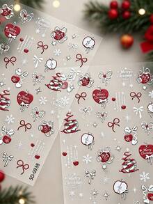 1Sheet 5D Red Apple Christmas Nail Stickers Self-Adhesive Bow Snowflake Merry Christmas Design Nail Decals Winter Holiday Xmas DIY Manicure Nail Decor - Multicolor - View 6