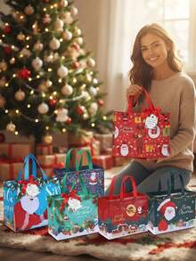 4 Large Non-Woven Christmas Gift Bags 32x25x17cm, Reusable Fabric Gift Packaging Bags For Christmas And New Year, Shopping And Party Gift Bags - Multicolor - View 3