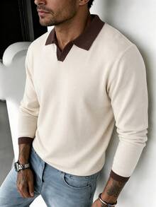 Men's Autumn/Winter Minimalist Solid Color Contrast Fashion Casual Turn-Down Collar Long Sleeve Sweater - Apricot - View 4