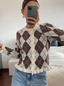 Women's Casual Brown And White Color Block Sweater, Autumn/Winter Style, Argyle Pattern Design With Ruffle Hem, Suitable For Outdoor Wear - Brown - View 5