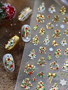 1pc Fall Winter Christmas 3D Embossed Christmas Tree Wreath Nail Stickers, Gold/Silver Color Options, 3D Christmas Tree Snowflake Bow Holly Pattern, Autumn Winter Christmas Nail Art Decoration Stickers, Nail DIY Decals - Multicolor - View 2