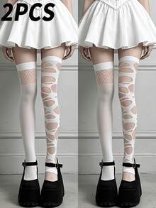 1/2 Pairs Gothic Style Tight Tights Women's Ripped Gothic Over-The-Knee Socks - White - View 6