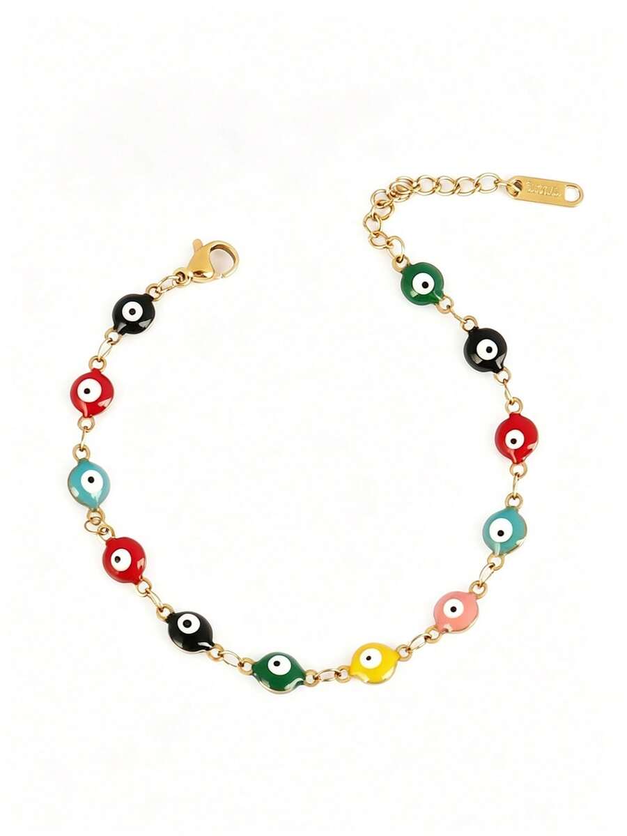 1pc Fashion Bohemian Style Stainless Steel Enamel Turkish Evil Eye Bracelet For Women, Colorful Evil Eye Pendant Jewelry Gift, Random Eye Color - Multicolor - View 1