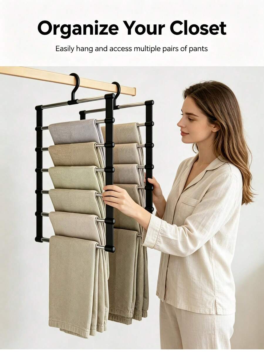 7-Bar Multi-Function Pants Rack, Available In Black And White. 7 Independent Hanging Bars Can Simultaneously Store Multiple Pants, Scarves, Shawls, Leggings, Fully Utilizing Vertical Closet Space, Eliminating Clothing Piles And Wrinkles, Significantly Saving Closet Storage Space. Fits Most Closet Hanging Rods, Convenient And Quick Access To Clothing. Smooth Edge Protection Treatment, Resistant To Snagging And Scratching Fabrics, Stable Load-Bearing And Deformation-Resistant. - Multicolor - View 1