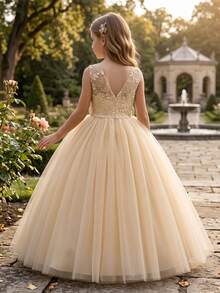Elegante vestido de tul color champán para niña de las flores con espalda abierta, bordado floral de encaje, vestido largo de malla, vestido para niñas, vestido de princesa, vestido de noche, vestido de graduación, fiesta, adulto, fiesta de cumpleaños, niña de las flores de boda, disfraz de concurso - Champán - Ver 3