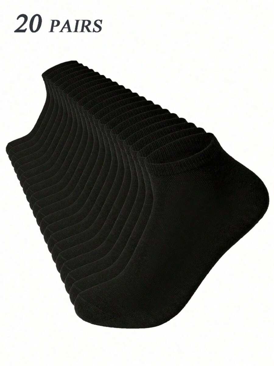 20 Pairs Men's Solid Color Boat Socks, Sweat-Absorbent Breathable Comfortable Invisible Socks, Suitable For Daily Wear, Sports, Business, Unisex, All Seasons, Best Gift Choice For Back To School And Holidays, Available In 1 Pair/10 Pairs/20 Pairs - Black - View 1