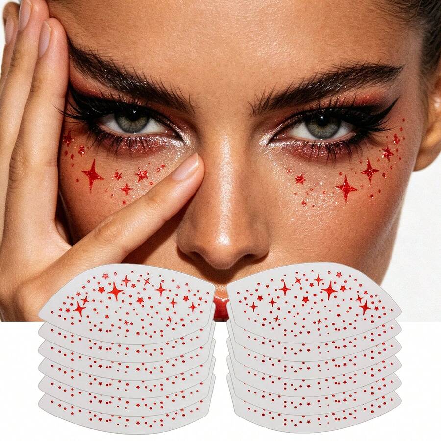 6pairs Red Star Glitter Face Temporary Body Sticker , Self-Adhesive Sparkly Eye Face Decor Stickers, Reusable Face Gems For Rave Festival, Halloween, Concert, Party Makeup