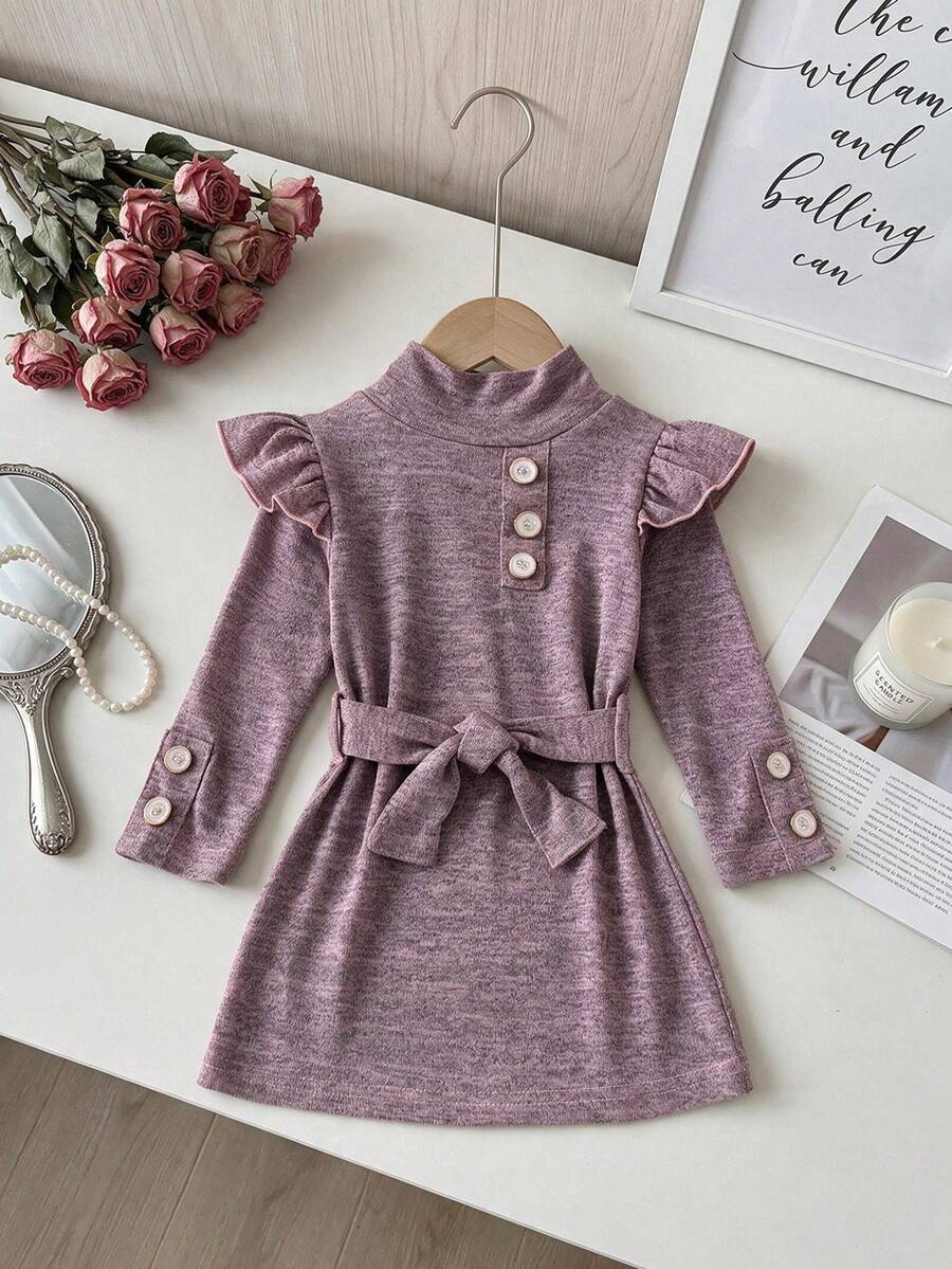 2pcs Baby Girl Soft Comfortable Half-High Neck Ruffle Edge Button Decor Long Sleeve A-Line Dress With Detachable Waist Tie, Spring/Autumn - Mauve Purple - View 1