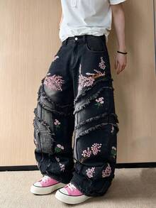 Spring Hong Kong Style Men's Denim Jeans Patchwork Design With Fresh Embroidery Wide Leg Pants Versatile Loose Fit All Season Long Pants 1pc | Belt & Accessories Not Included - Black - View 3