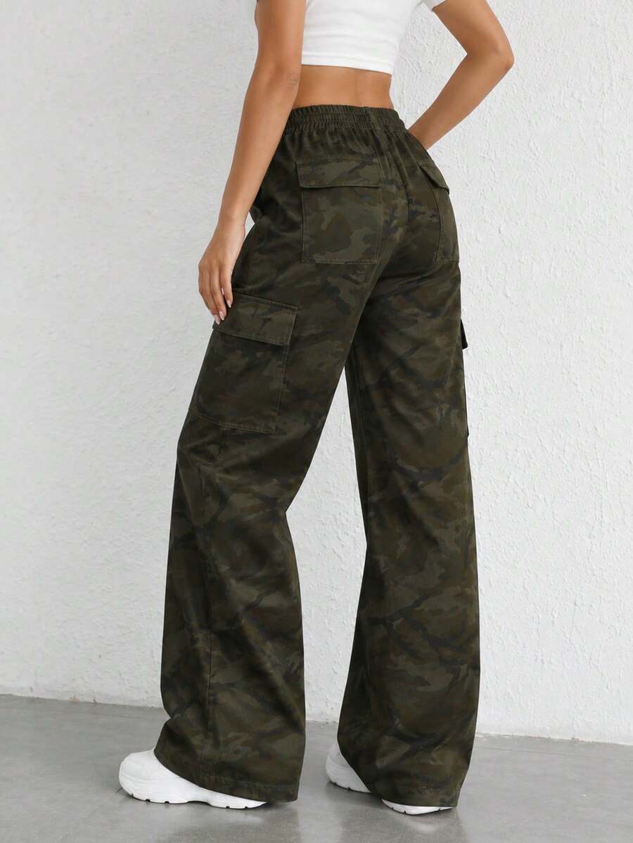 AODSR Women's Camo Cargo Pants Elastic Drawstring Waist Side Flap Pocket Relaxed Straight Leg Casual Streetwear Trousers - Army Green - View 1