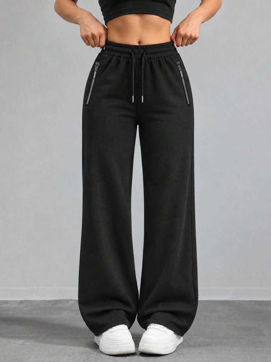 Women's Black Athletic Wide Leg Pants With Drawstring Elastic Waist And Zipper Side Pockets Relaxed Fit For Daily Wear - Black - View 1