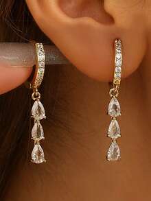1 Pair Luxury Minimalist Cubic Zirconia Teardrop Glass Earrings Suitable For Women's Casual And Party Wear - Yellow Gold - View 5