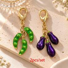 1pc/2pcs Unisex Alloy Oil-Drip Minimalist 3D Creative Vegetable Eggplant & Pea Pod Pendant Keychain, Cute Vegetable Bag Charm Wallet Accessory - Multicolor - View 2