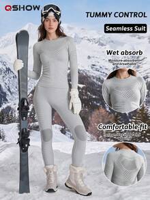 Women's Autumn/Winter Colorblock Elastic Warm Long Sleeve Ski Top And Pants Set - Light Grey - View 1