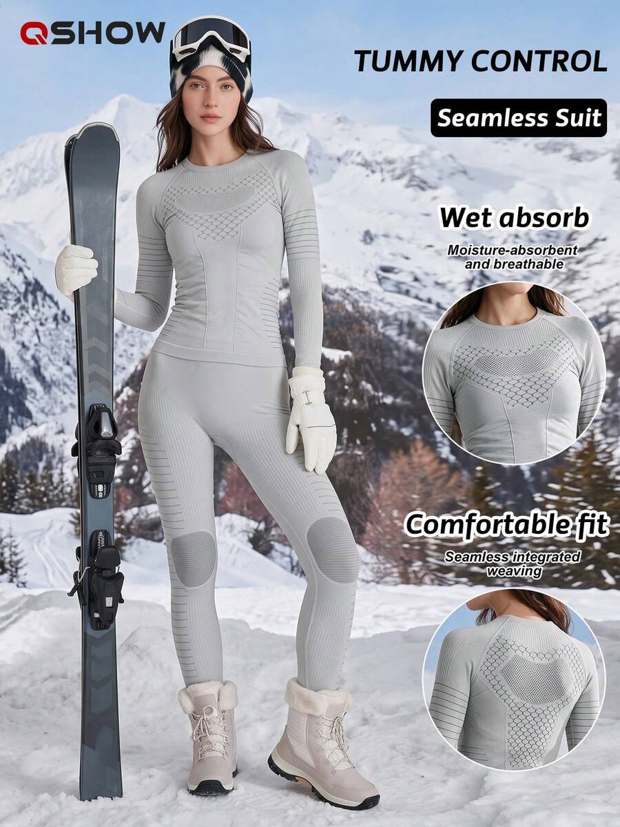 Women's Autumn/Winter Colorblock Elastic Warm Long Sleeve Ski Top And Pants Set - Light Grey - View 1