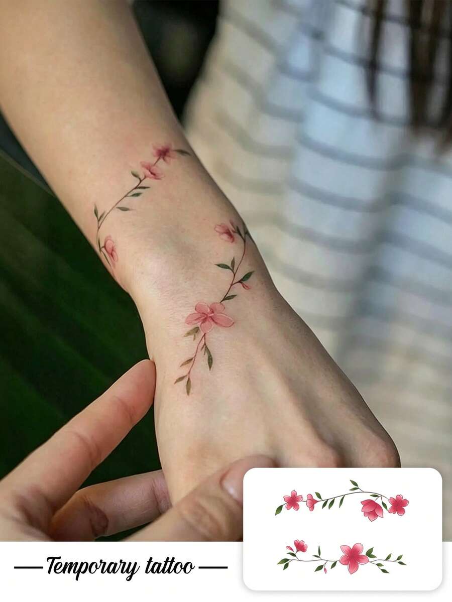 1pc Temporary Tattoo, Red Floral Branch Flower Pattern, Realistic Fake Tattoo Design, For Daily, Bachelorette Party Favors, Music Festival, Game, Graduation Gift, Lasts 3-5 Days - Multicolor - View 1