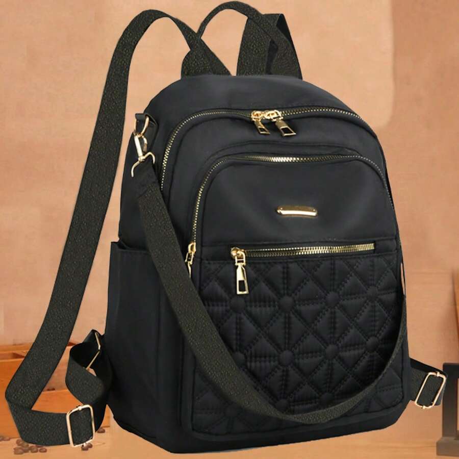 Black Rhombus Embroidery Backpack For Women, Large Capacity Multi-Pocket Daily School Travel Bag