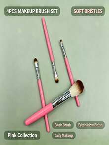 4Pcs Women Cosmetic Makeup Brushes, Soft Hair Face Powder Brush & Small Eye Makeup Brushes, Travel Beauty Tool - Pink - View 2
