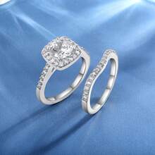 MDFUN White Gold‑Plated CZ Bridal Jewelry Set,2 Stackable Halo Rings+1 Pair Stud Earrings,Square/Round Design For Women Wedding Party - B-round Stud Earrings + Ring - View 4