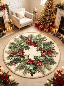 1pc Holly Wreath Round Rug, Decorative Carpet, Bedroom Decor, Small Rug, Carpet, Home Decor, Living Room Rug, Living Room Small Rug, Bedroom Rug, Living Room Home Decor - Multicolor - View 2