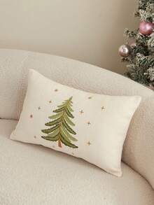 1pc Christmas Tree Embroidered Chenille Pillow Case, Red/Beige Holiday Decorative Cushion Cover, Hidden Zipper Design, Removable And Washable, Suitable For Sofa Living Room Christmas Home Decor, Pillow Insert Not Included - Beige - View 5