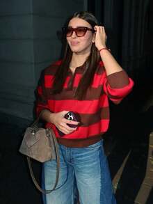 Women's Green Striped Polo Collar V-Neck Pullover Sweater Casual Preppy Knit Top - Red and Brown - View 5