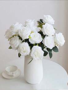 1pc 10 Stems Artificial Silk Rose Bouquet, Suitable For Home, Office, Party Decor And Wedding Decoration - White - View 1