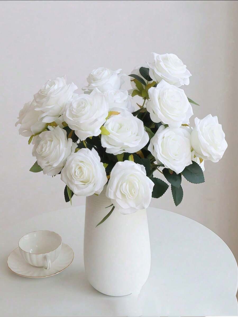 1pc 10 Stems Artificial Silk Rose Bouquet, Suitable For Home, Office, Party Decor And Wedding Decoration - White - View 1