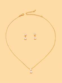 1pc Gold Elegant Round Diamond Water Drop Necklace & Earrings Set, Suitable For Banquet, Wedding, Women - Flower - View 3