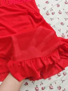 SOFUSEN Nude Lace Nightgown, Sexy Lace Mesh Strap Nightgown, Ruffle Hem, Suitable For Bedroom Wear, Sexy Lingerie - Red - View 6