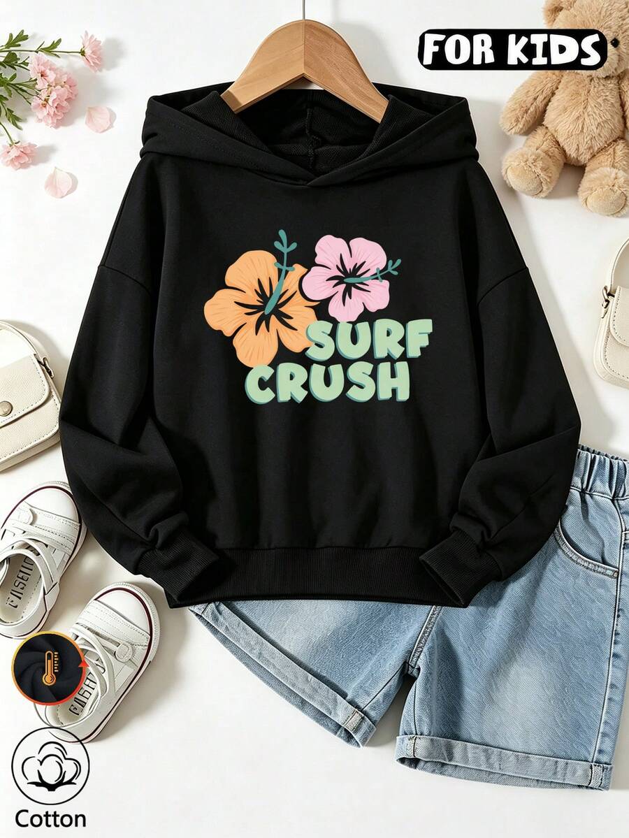 هودي للبنات بطبعة حروف Surf Crush وزهرة الكركديه، بلوزة رياضية كاجوال بأكمام طويلة وحبل شد مع بطانية رأس - الأسود - مشاهدة 1